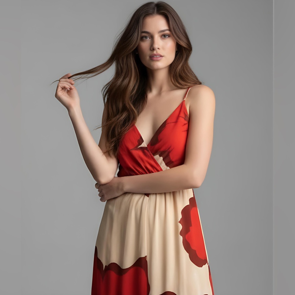 Floral Print Faux Wrap Cami Maxi Dress Beige/Red - Picture 2 of 7